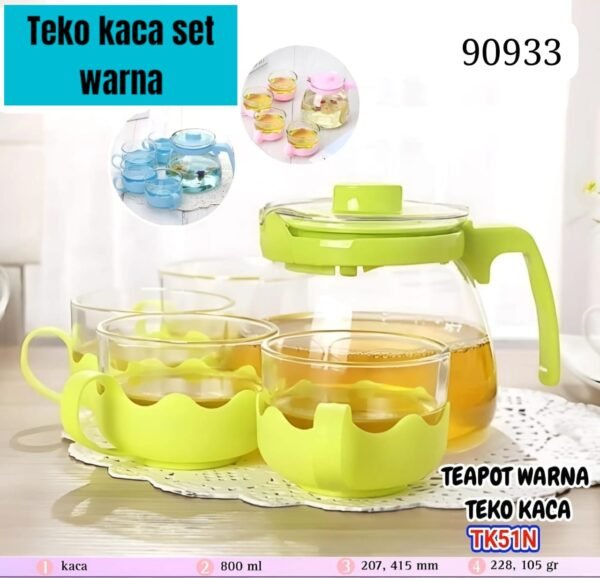 Teko kaca/ beling set warna Teapot TK-51n (teko+4 gelas)