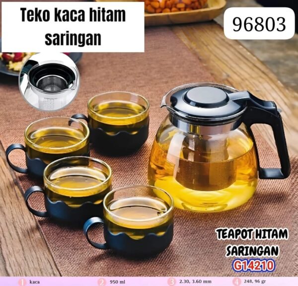 Teko kaca/ beling saringan hitam G-14210 (teko + 4 gelas)