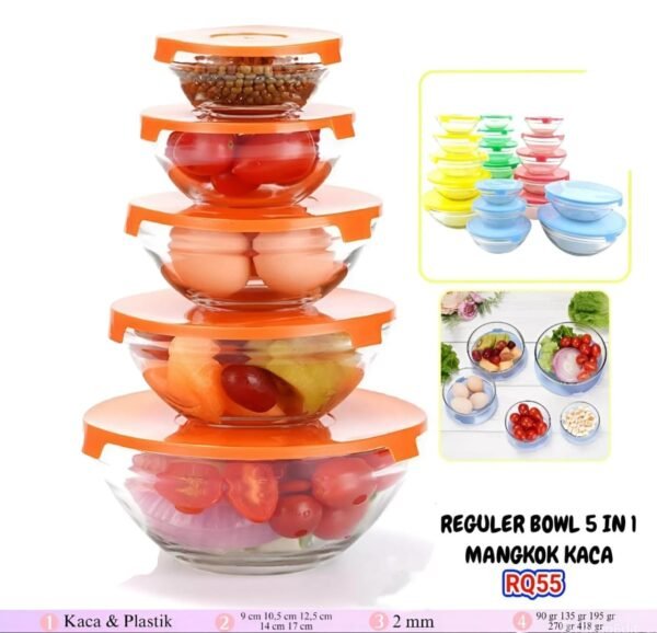 Mangkok kaca/ beling tutup set RQ-55 (isi 5) (9-17 cm)