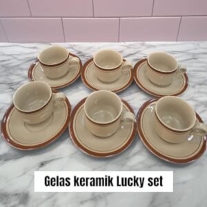 Gelas/cangkir keramik lucky set (6 gelas+6 nampan)